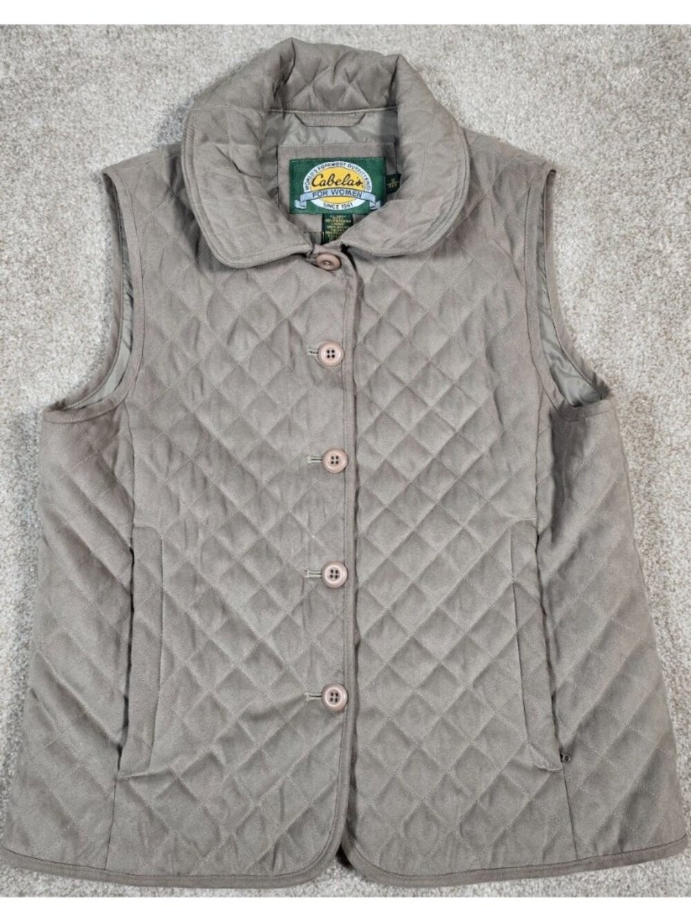 Cabela's Quilted Vest Faux Suede Button Up Zip Pockets Lined Outdoor Women's S